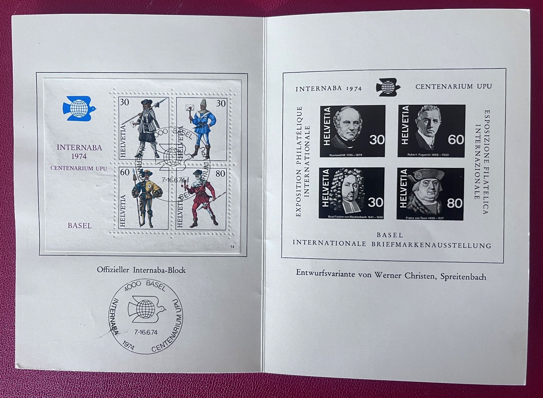 Alle Briefmarken: Briefmarken, Entwurf zu Internaba Block mit offiz.Block 1974 – Gebraucht aus Biberist von Edelfloh 1