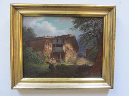 Bauernhaus mit Staffage ALPENSZENE frühes 19. Jahrh. OEL
