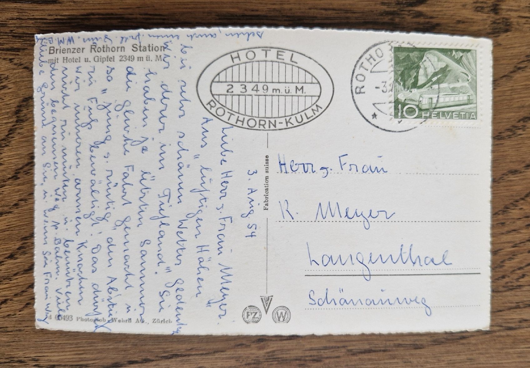Cartoline postali: Brienzer Rothorn-Bahn, Hotel 1956 – Usato da Ebikon venduto da Donar50 1