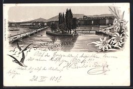 Litho Geneve, Brücke und Île Rousseau