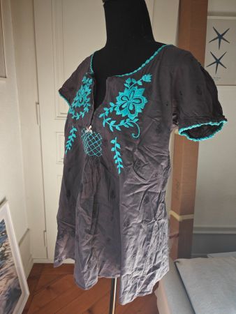 Odd Molly grey cotton turquoise embroidery tunic top 1 S