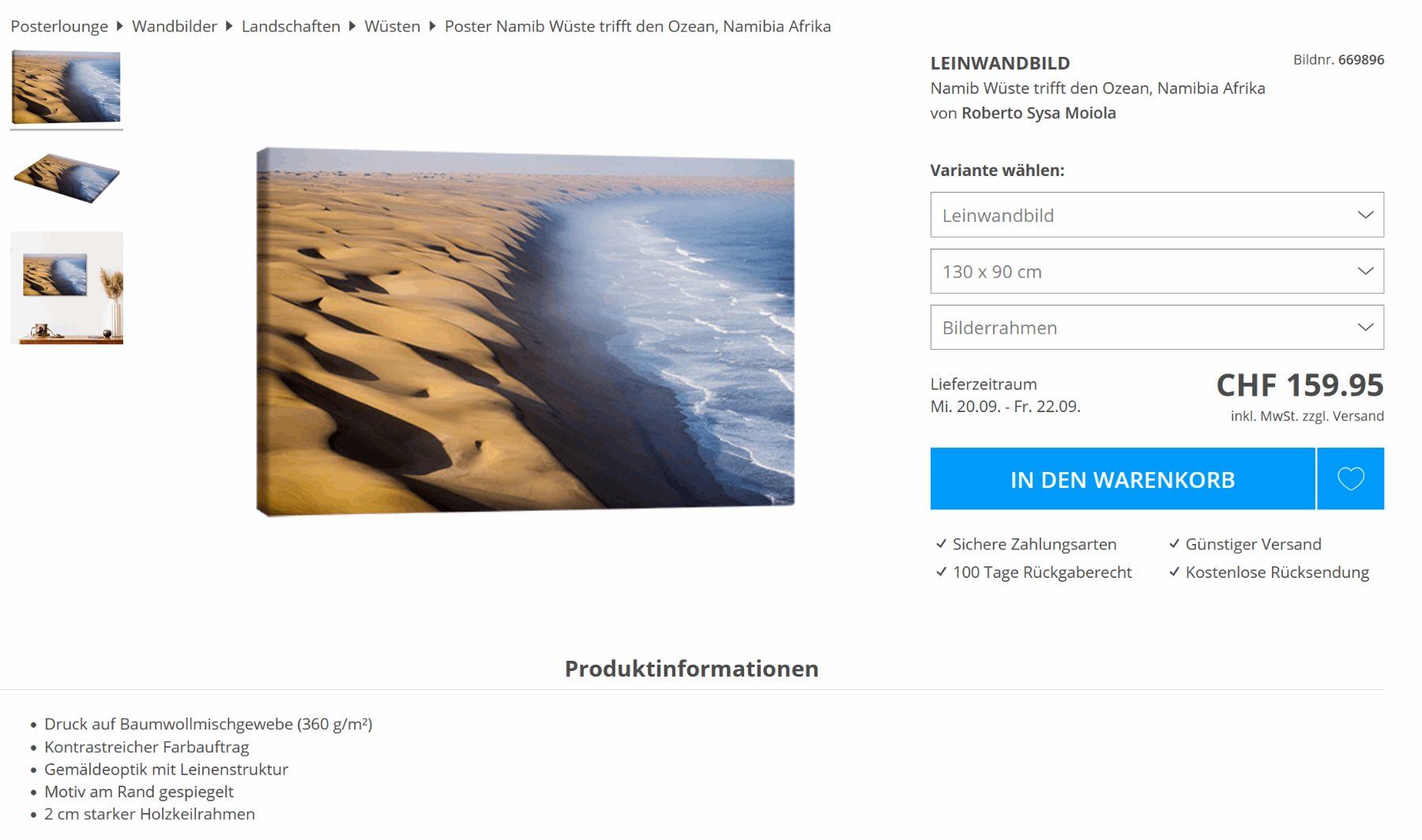 Poster & Bilder: Leinwandbild Namib Wüste, 130x 90 cm – Gebraucht aus Opfikon von Perlentaucher73 2