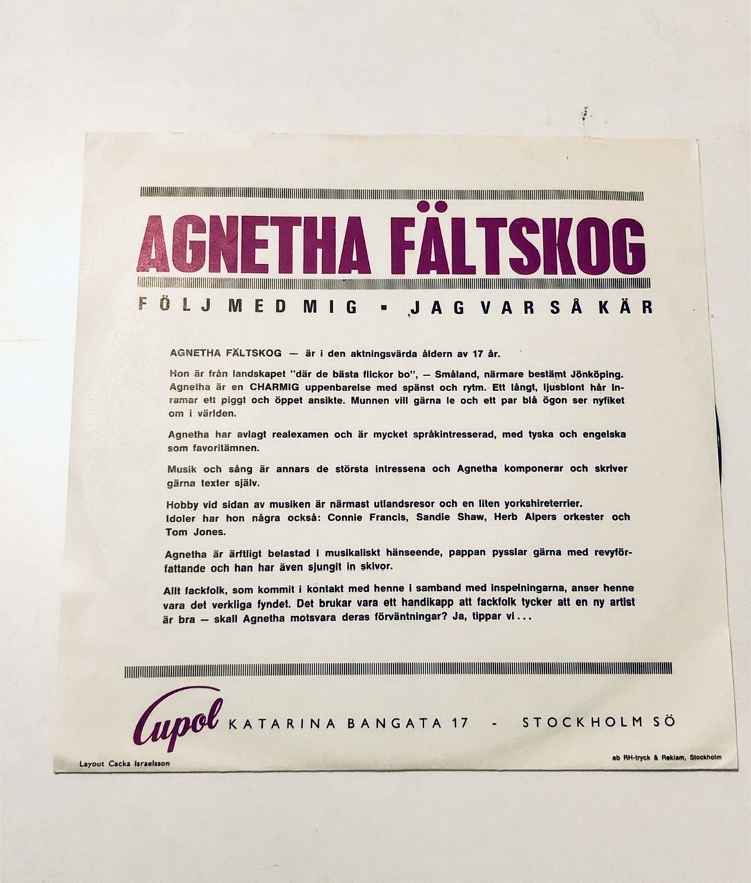 Dischi in vinile: ABBA 1967 Agnetha Fältskog Vinyl Single – Usato da Wettingen venduto da ABBA-Retro 1