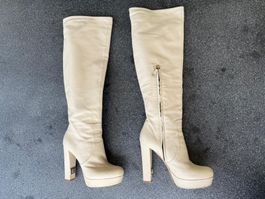 R&RENZI Luxus Overknee Lederstiefel Beige Gr. 38