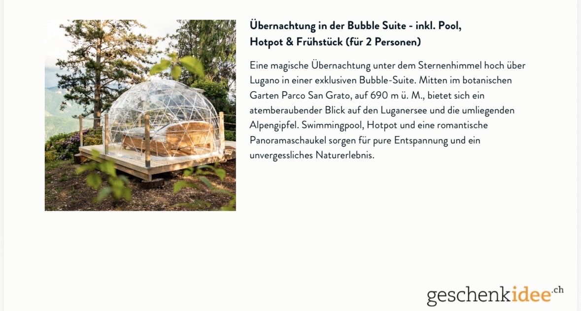 Buoni: Gutschein Geschenkidee- Bubble Hotel in Lugano – Nuovo e nell'imballaggio originale da Rehetobel venduto da p_h_2rdn