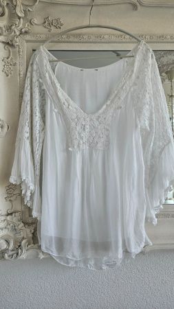 Bluse Gr. L / 40 mit Seide Tunika Weiss Spitze