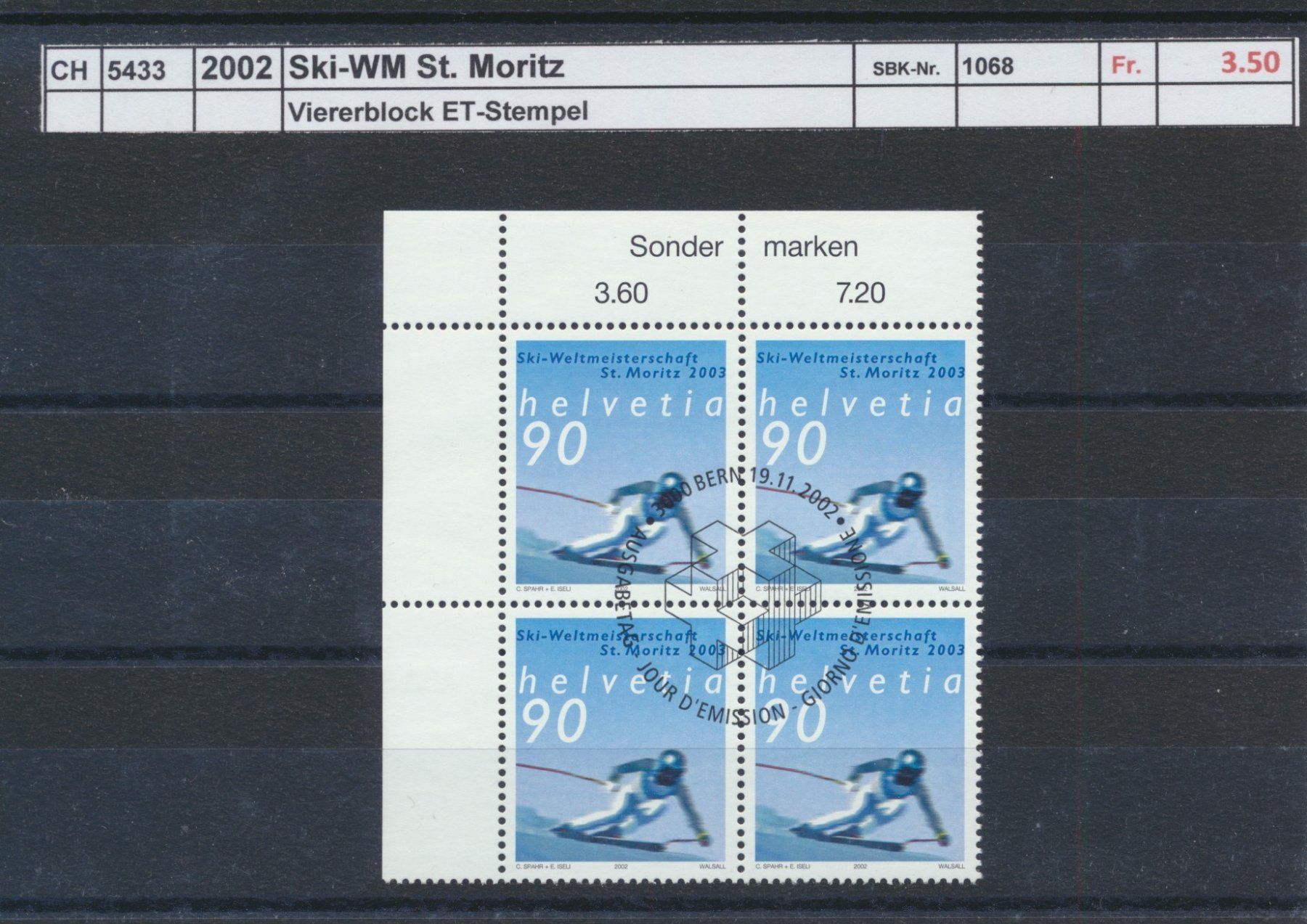 Alle Briefmarken: 2002 "Ski - WM St. Moritz", Viererblock, ET - Stempel – Gebraucht aus Winterthur von Zupogeru
