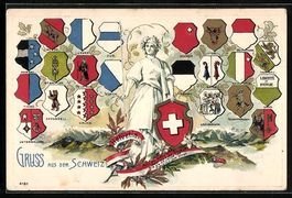 Litho Helvetia mit Schweizer Wappen und 
