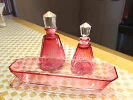 Vintage Schminktisch Set Kristall Cranberry Glas