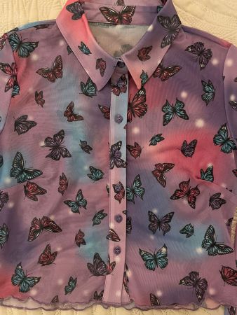 Cropped Mesh-Hemd mit Schmetterling-Muster, Grösse S