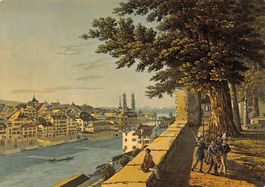 Zürich um 1860, Lindenhof, Limmatquai, Stich von Rordorf