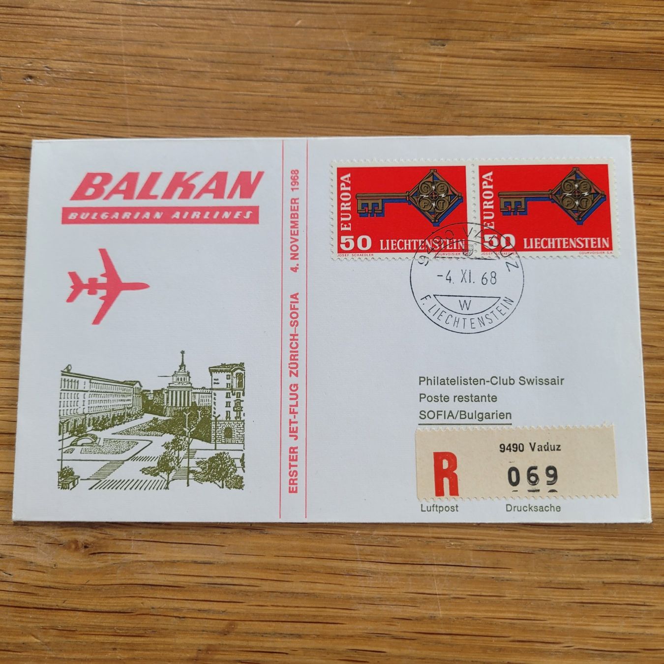 Tutti i francobolli: Luftpost Vaduz Zürich Sofia 1968 – Usato da Biel/Bienne venduto da Destockweb