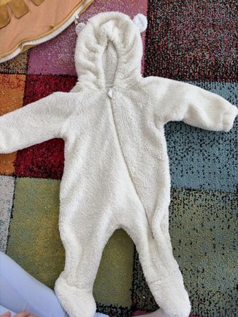 Baby overall fleece white with hood ears used condition