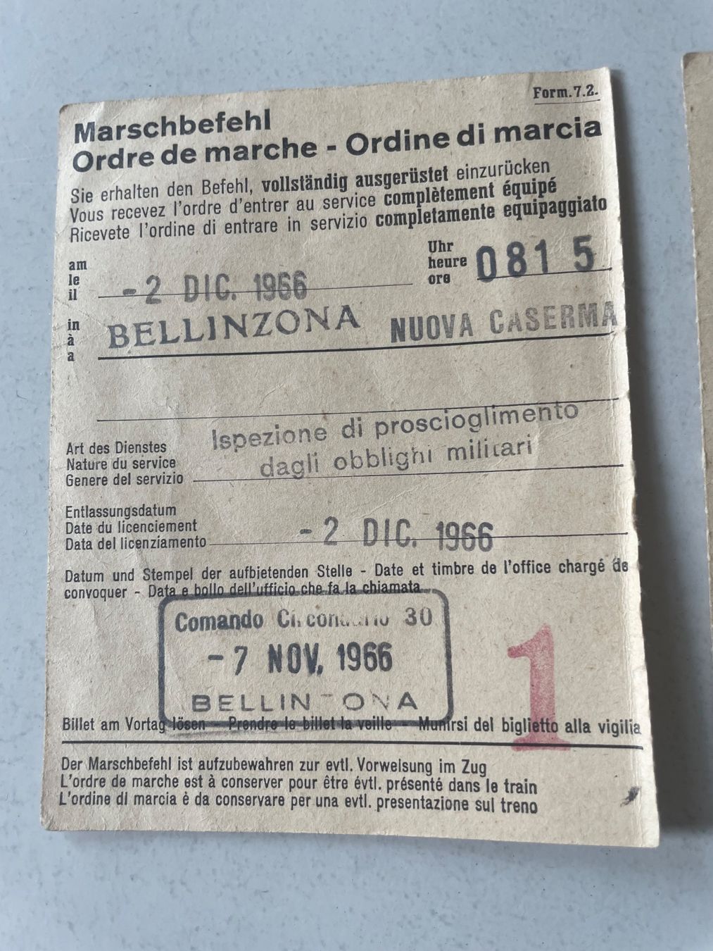 SBB/CFF/FFS Documenti: Marschbefehl - Ordre de marche 1966 – Usato da Minusio venduto da Pink222 1