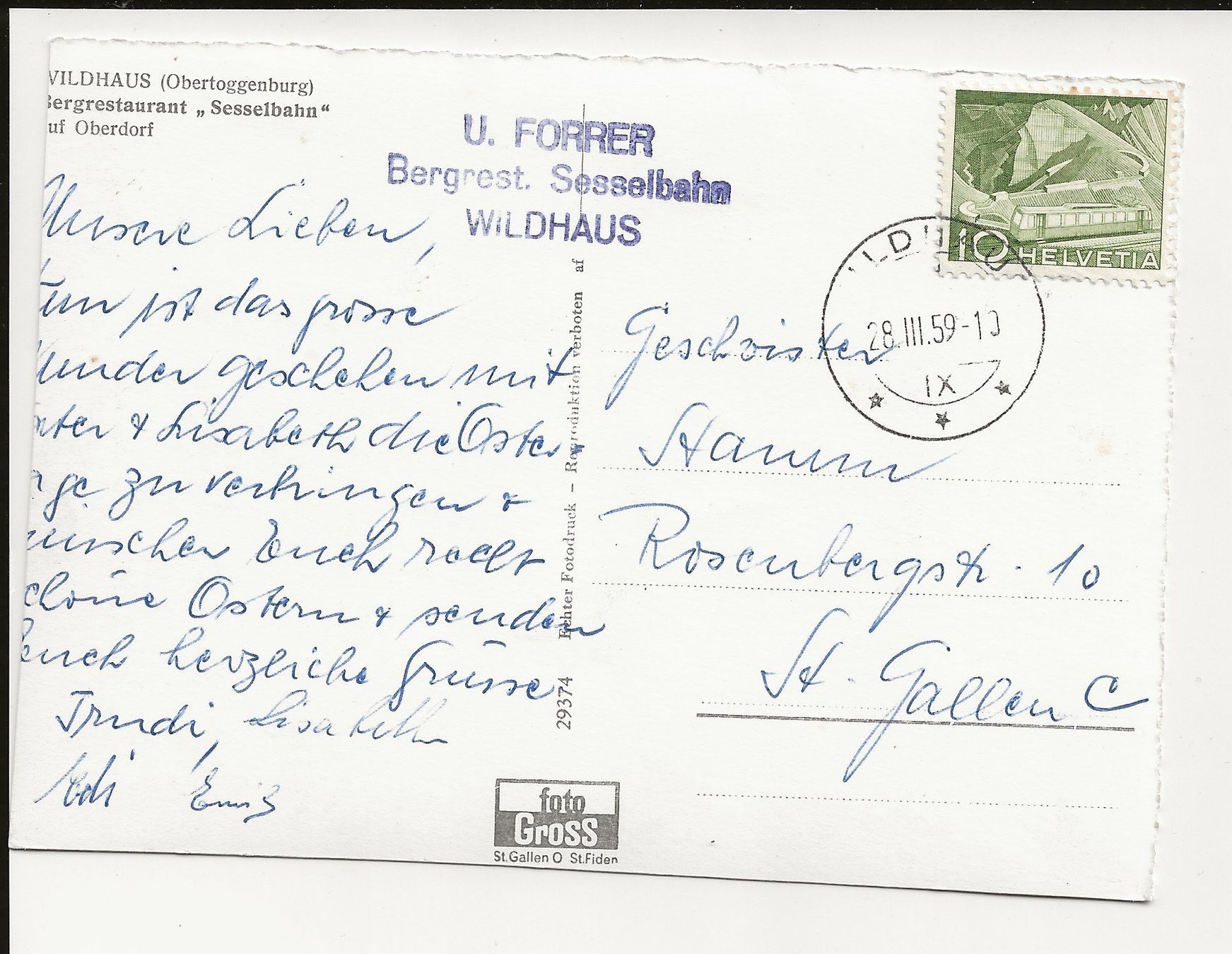 Cartoline postali: AK 1959 Bergrestaurant Sesselbahn Wildhaus – Usato da Greifensee venduto da 315WDO 1