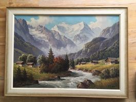 alpine Landschaft im Kandertal, Öl auf Leinwand, signiert