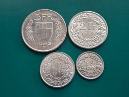 Silbermünzen (32 Gramm) 5, 2, 1 und 0.50 Franken 1965