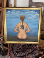 Tableau peinture femme de dos cadre doré état neuf