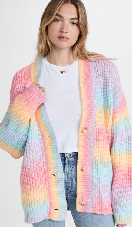 Retro Strickjacke Damen - Regenbogen Streifen Cardigan Mit Offener Front