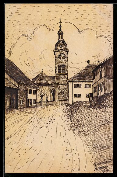 Cartoline postali: Handgemalt: Charmoille, Blick zur Kirche – Usato da Berlin venduto da bartko-reher