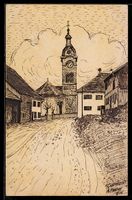 Handgemalt: Charmoille, Blick zur Kirche