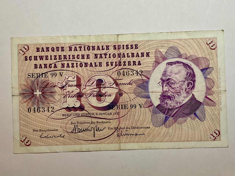 Schweizer 10 Franken Note, Serie 99V, 6. januar .1977 (Gebraucht) in ...
