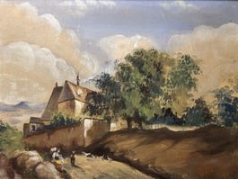Grosses signiertes Ölgemälde 1949 – Landschaft mit Gebäude –