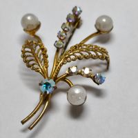 Broche vintage bouquet dorée strass aurore boréale #C2