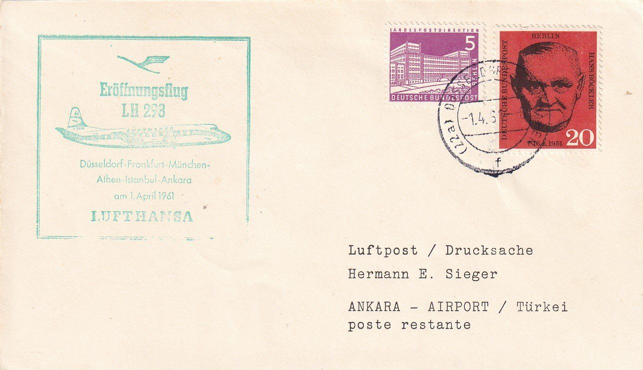 Tutti i francobolli: Erstflug Lufthansa Düsseldorf - Ankara 1961 – Usato da Baar venduto da Asmara111