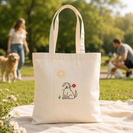 Sac tote brodé chien avec fleur - Einkaufstasche coton, dog