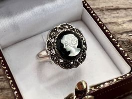 Vintage Ring Silber m. Onyx u. Perlmutter Gemme - Cameo 55