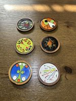 Set 6 Untersetzer aus Teakholz und Emaille in gutem Zustand