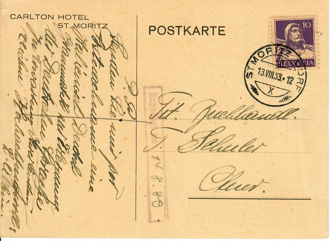 Alle Briefmarken: PK, Carlton Hotel St. Moritz 1933 – Gebraucht aus Hochdorf von Ziegel-16
