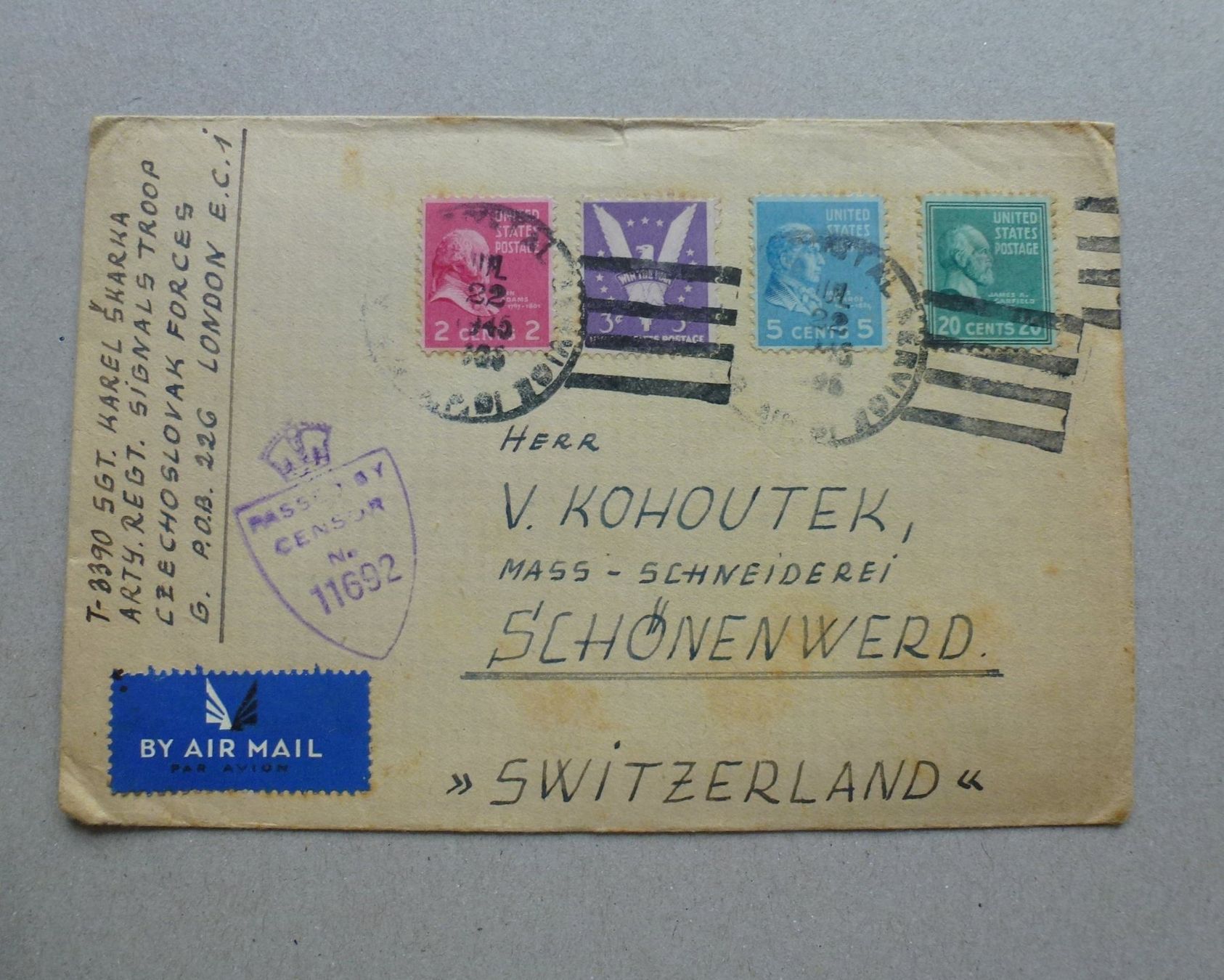 Tous les timbres: USA ++ 4 Farben Air Mail Brief 1945 – D'occasion à Walkringen par Casablanca777