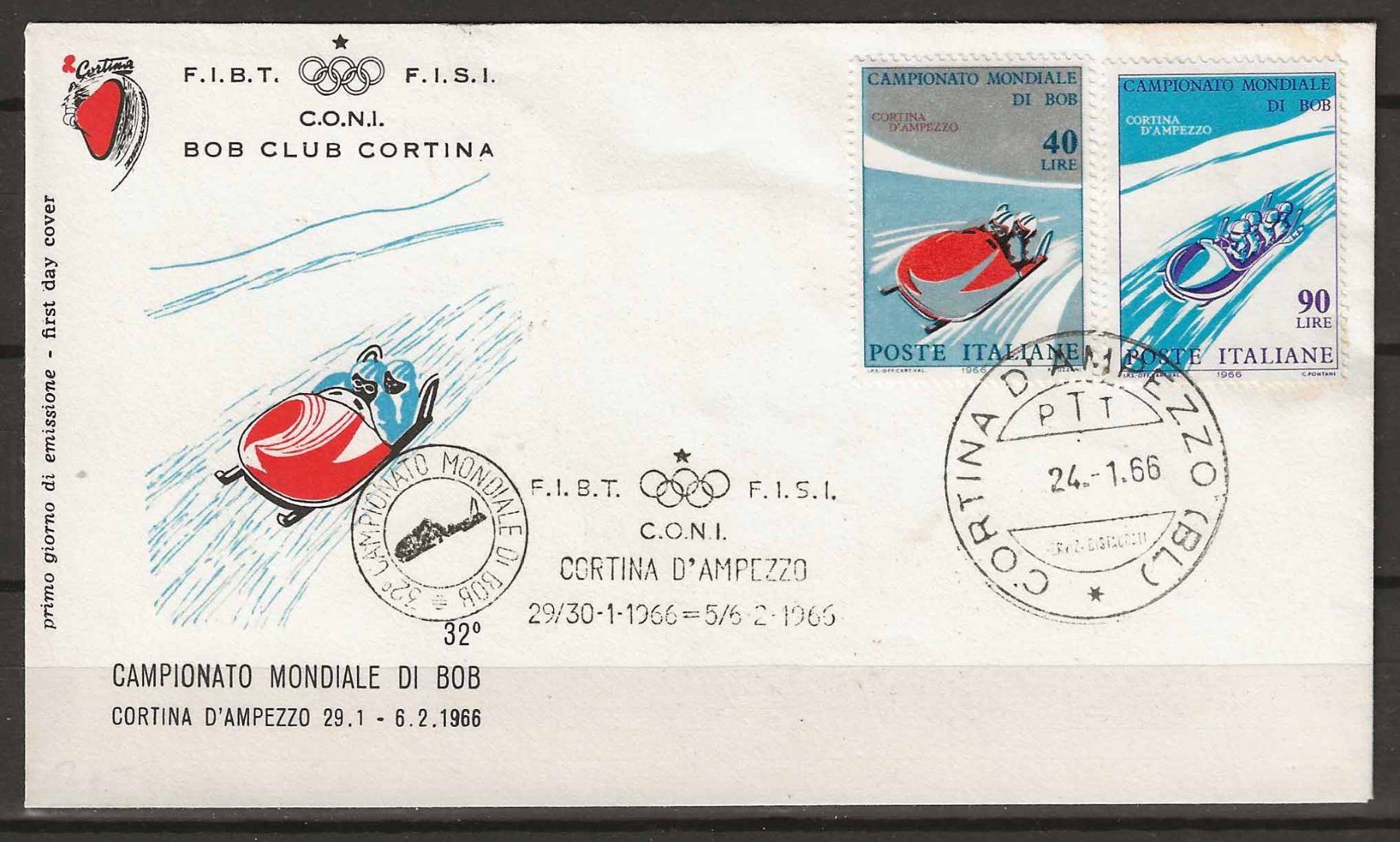 Tutti i francobolli: IT001 - Lettre CM bobsleigh Cortina 1966 – Usato da Trélex venduto da Phil_Albert
