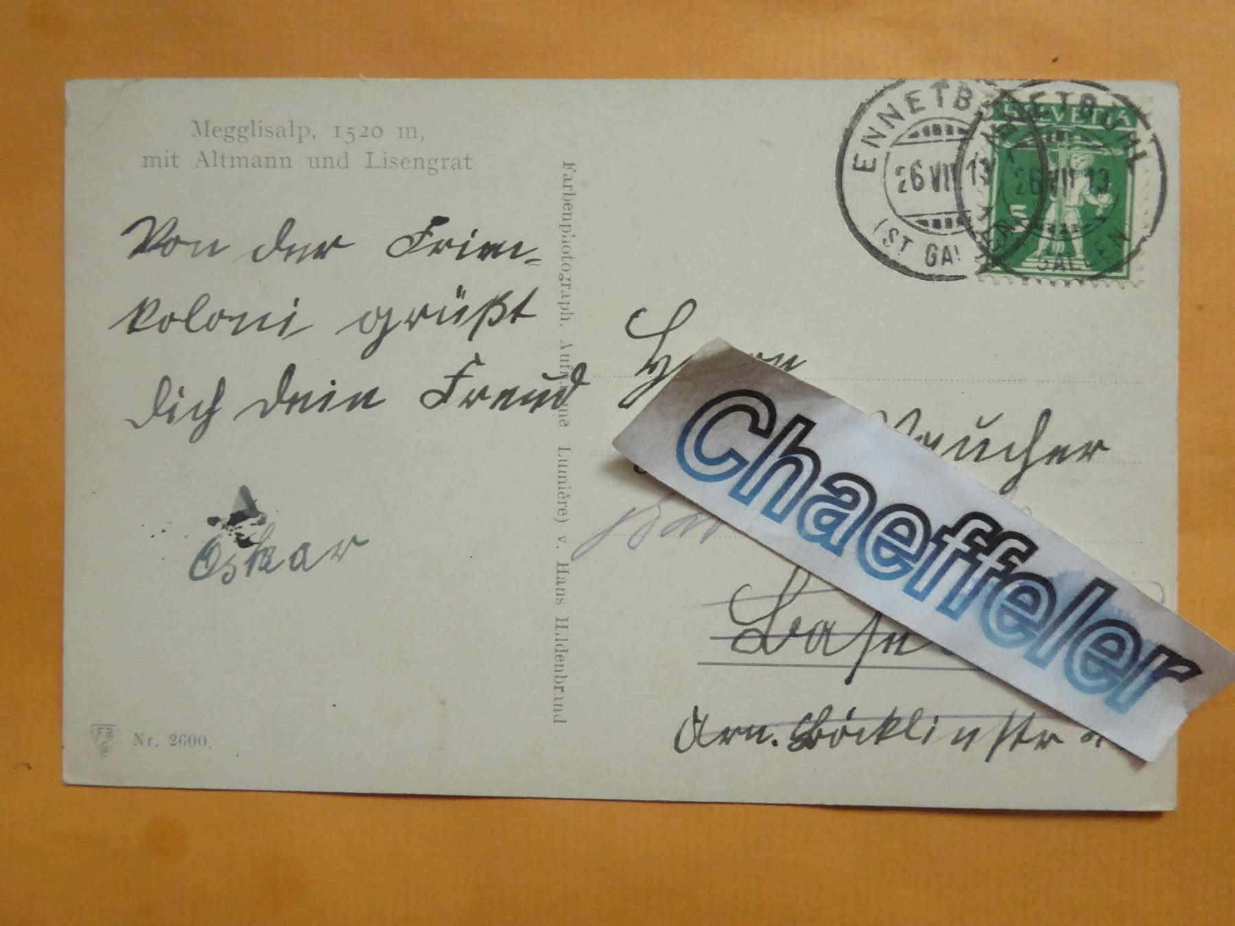 Cartoline postali: 1913 Megglisalp mit Altmann u. Lisengrat – Usato da Zürich venduto da Chaeffeler 1