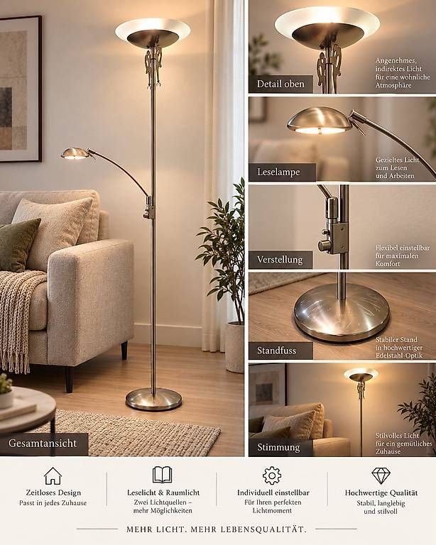 Lampade: Stehlampe mit Deckenfluter & Leselampe – Nuovo e nell'imballaggio originale da mühlau venduto da MoonCrypto