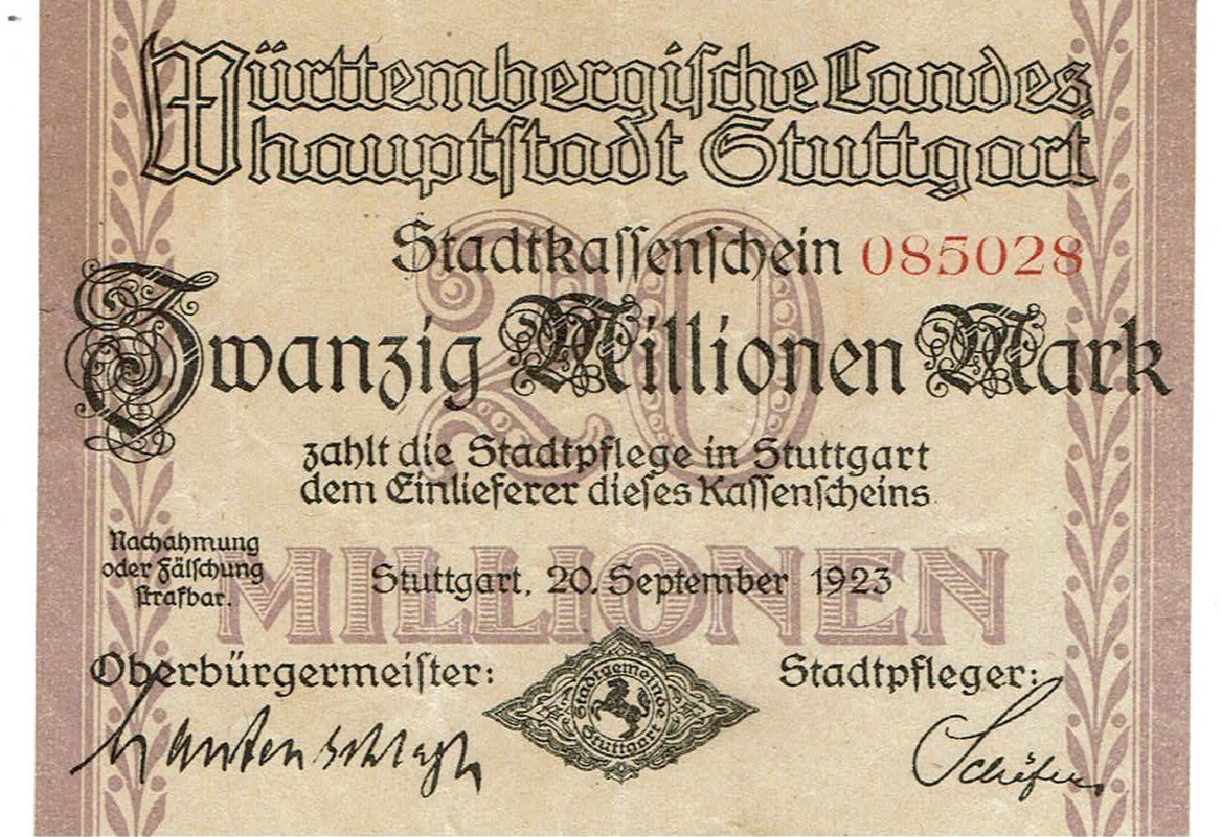 Banconote: Stuttgart 20 Mil.Mark 20.09.1923 VZ-VZ+ – Usato da Steffisburg venduto da ber_8htf
