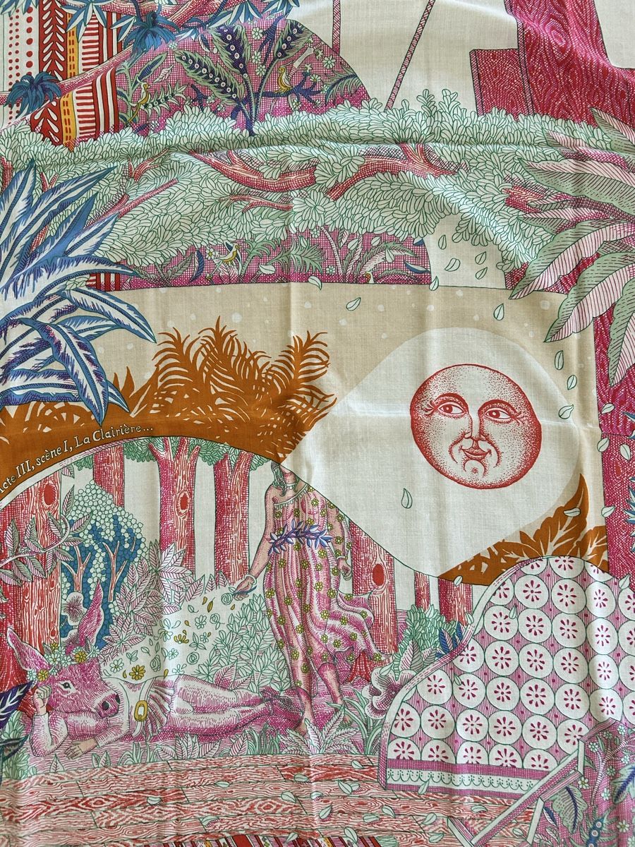 Foulard Hermès En Cachemire Et Soie - Carré 140 - Modèle 'Au Pays Des Oiseaux Fleurs' - Occasion Très Bon état