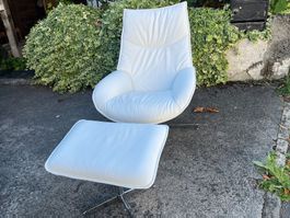 Ledersessel, weiss mit Hocker, Relaxsessel verstellbar