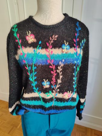 Vintage handknitted mohair sweater with butterfly embroidery