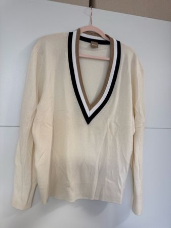 BOSS V-Neck Jumper, Size M, Cream with Striped Detail