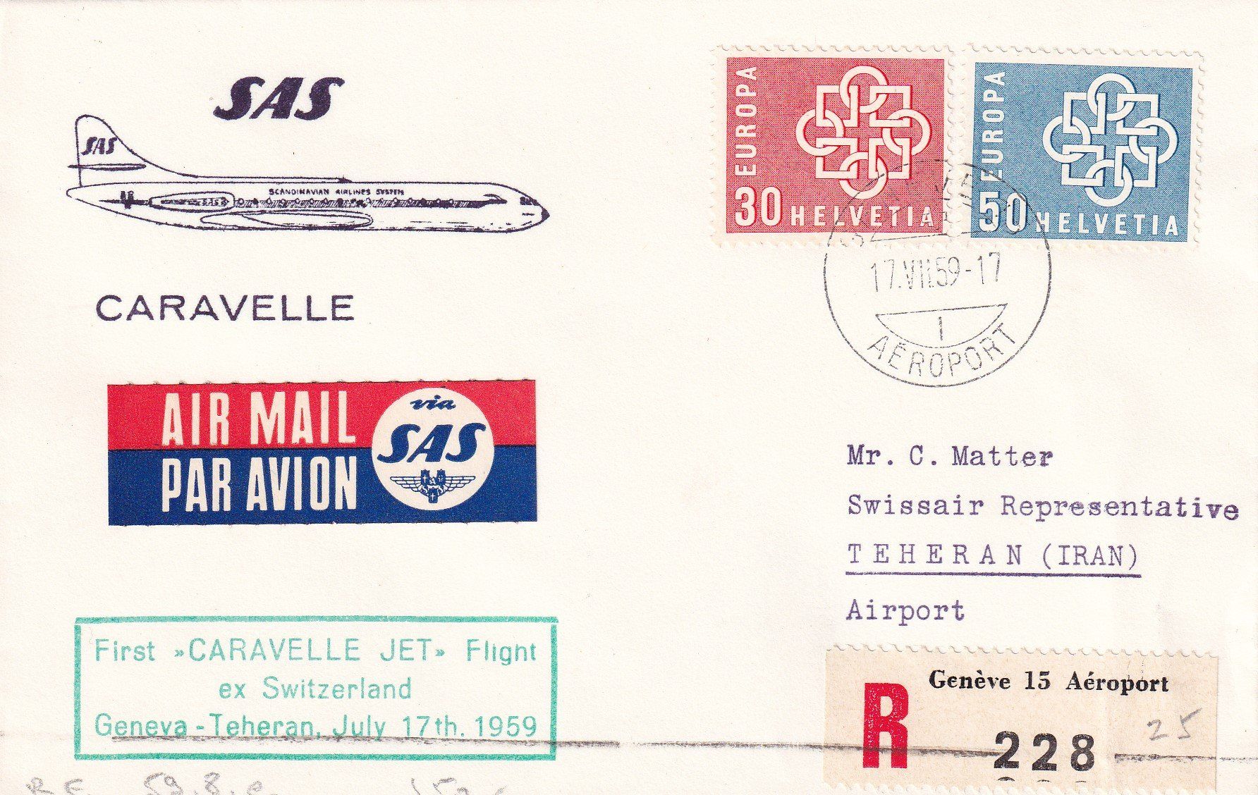 Tutti i francobolli: First "Caravelle Jet" Flight ex Switzerland Geneva-Teheran – Usato da Birsfelden venduto da chr_yq2g