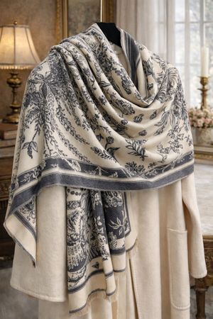 Sciarpa beige fantasia botanica blu 185x65 cm elegante nuova