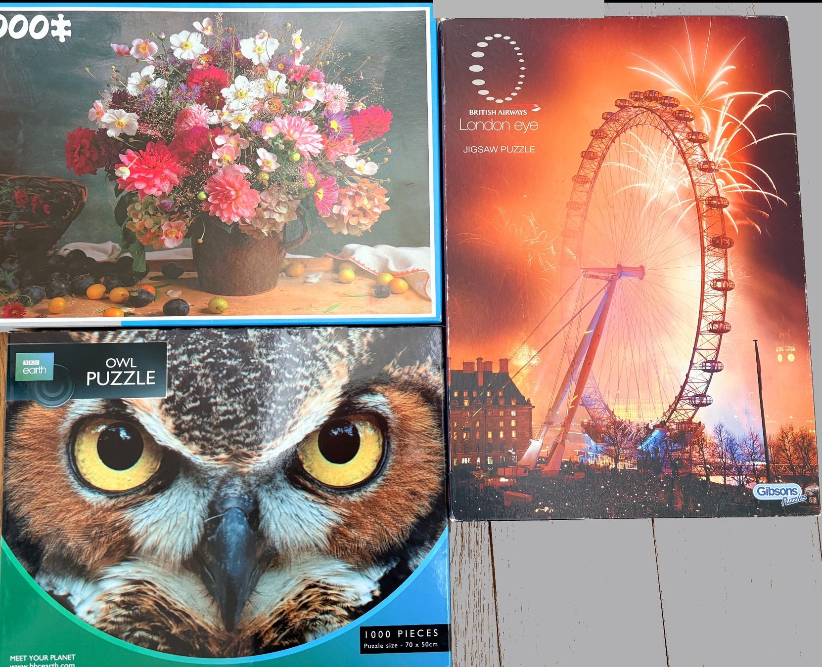 Puzzles: Bundle 3 Puzzles a 1000 Stk. - Eule, Riesenrad, Blumenstrauß – Gebraucht aus Biel-Benken (bei Basel !!!!) von greppy