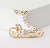 Schlittschuh Brosche, weiss, gold, Strass, Winter, Weihna...