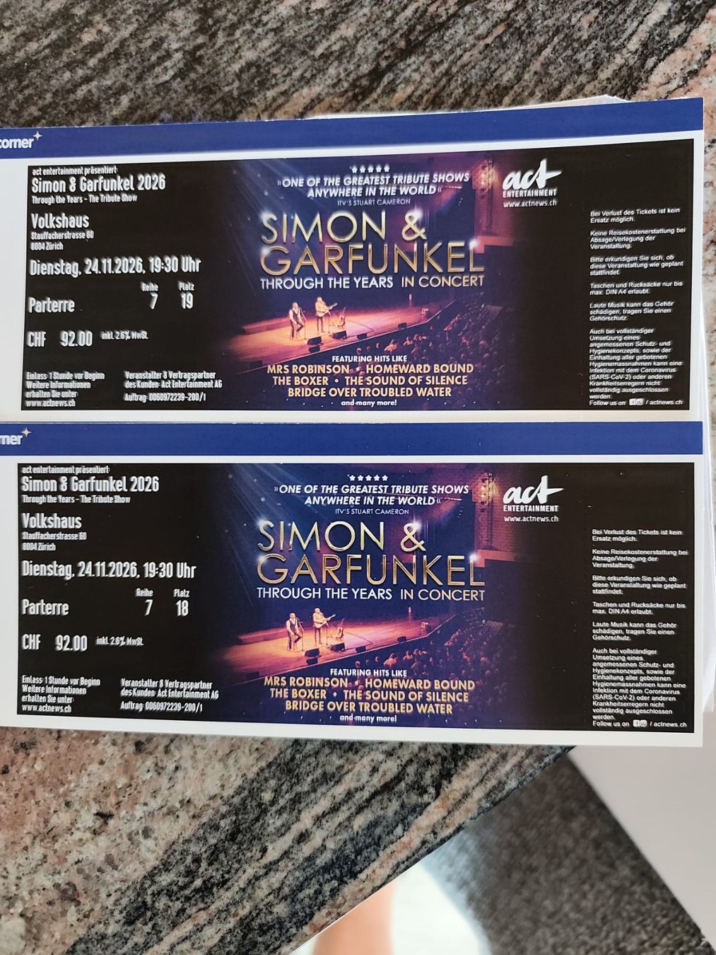 Tickets: Simon & Garfunkel in Zürich – Neu (gemäss Beschreibung) aus Willadingen von Seefi007