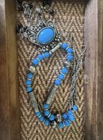 Egyptian Blue Beaded Necklace With Silver Charm Accents For