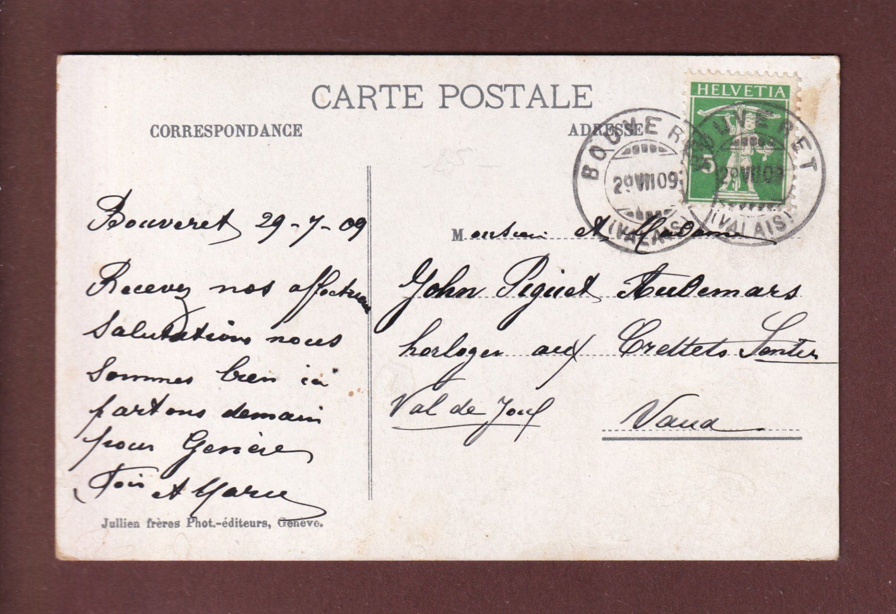 Cartoline postali: LE BOUVERET - 1909 – Usato da Pully venduto da nicecards 1
