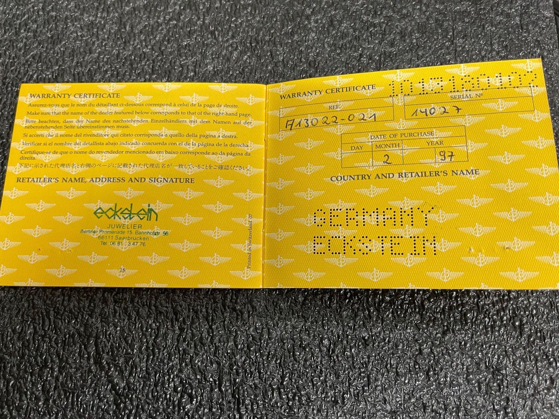 Breitling Orologi: Breitling Navitimer Warranty Manual aus 1997 – Usato da Rüti ZH venduto da Oldexplorer